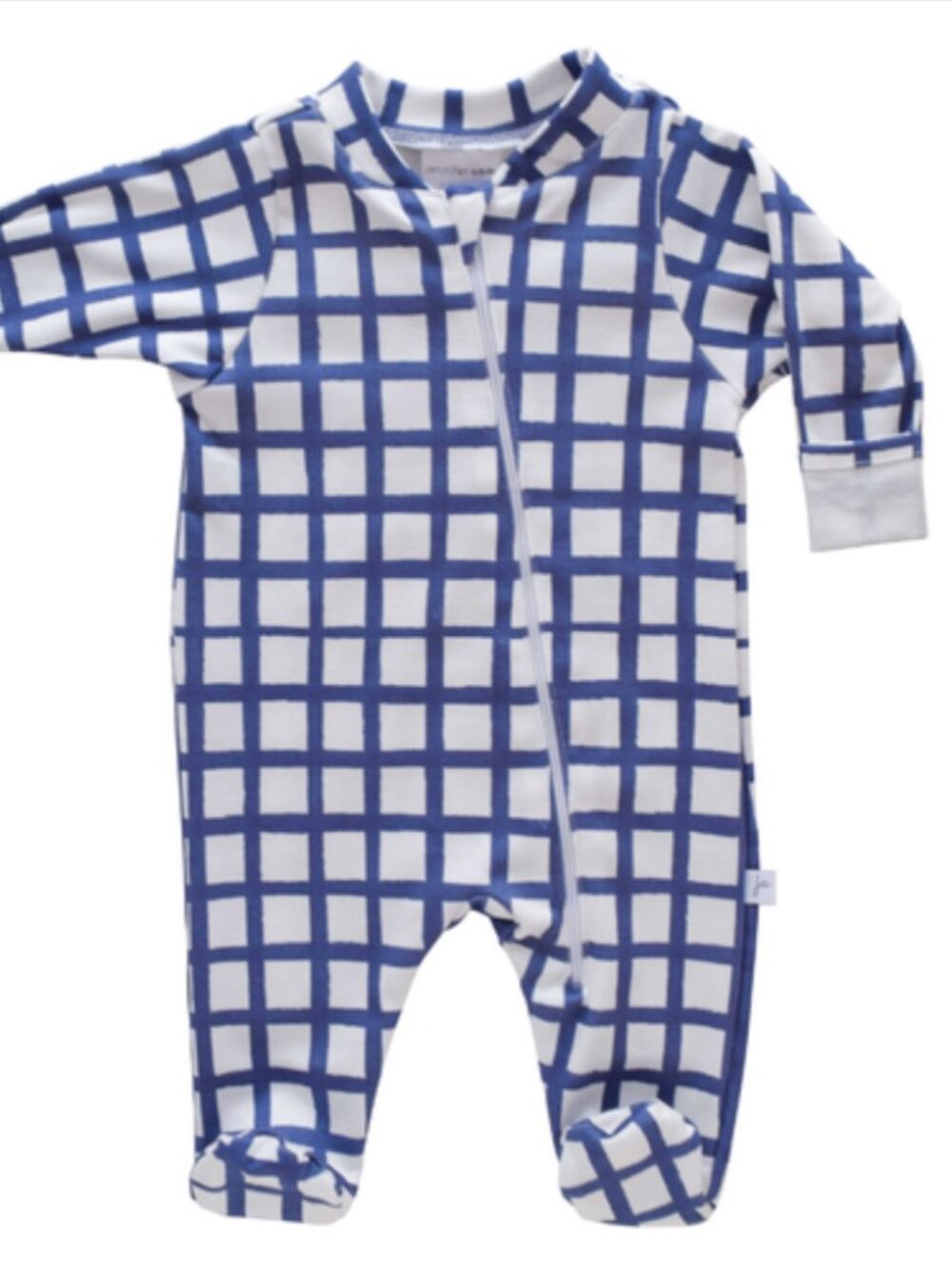 NEW Jennifer Ann Style Organic Zip Footie - Blue Grid 6-12 Months